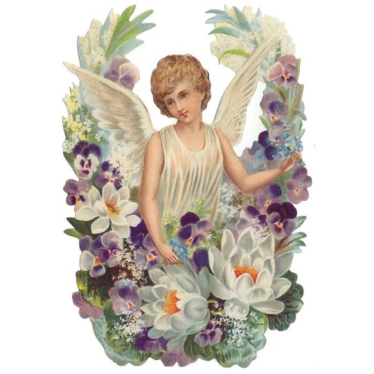 Angel with Lotus and Pansies Large Scrap ~ Germany